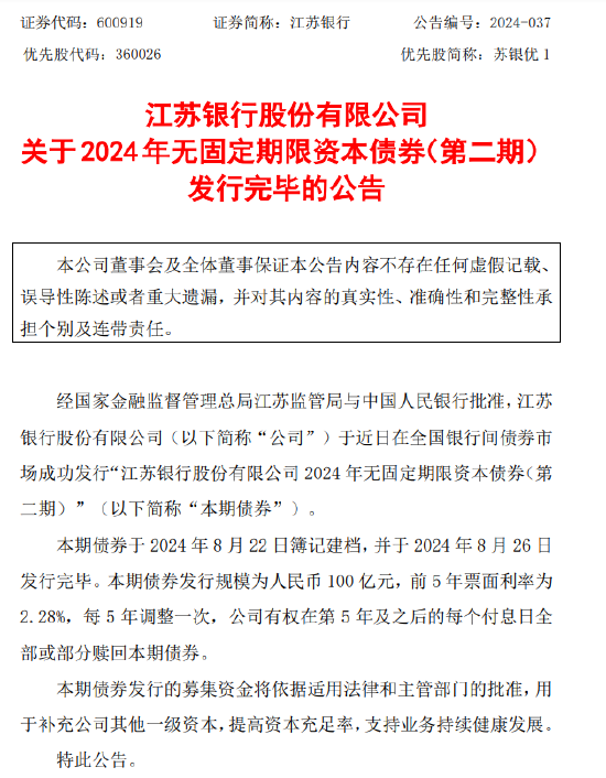 江苏银行：成功发行100亿元无固定期限资本债券  第1张