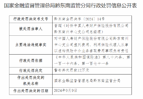 中国人寿财险黔东南州中心支公司被罚47万元：虚列费用 利用保险代理人从事以虚构保险中介业务套取费用  第2张