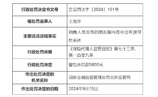 英大人寿吉林分公司被罚：因销售人员发布的朋友圈内容中含有误导性表述  第4张